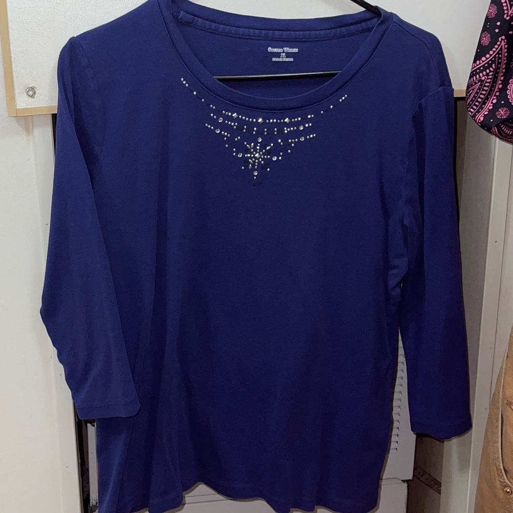 Studio Works Navy Long Sleeve Tee with Rhinestone Accent